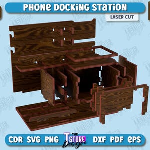 Op de afbeelding: Lasergesneden telefoon docking station gemaakt van hout met een bruine houtnerf afwerking. De station heeft meerdere compartimenten en planken voor het organiseren en opslaan van items. De station is 6 mm of 1/4 inch dik.