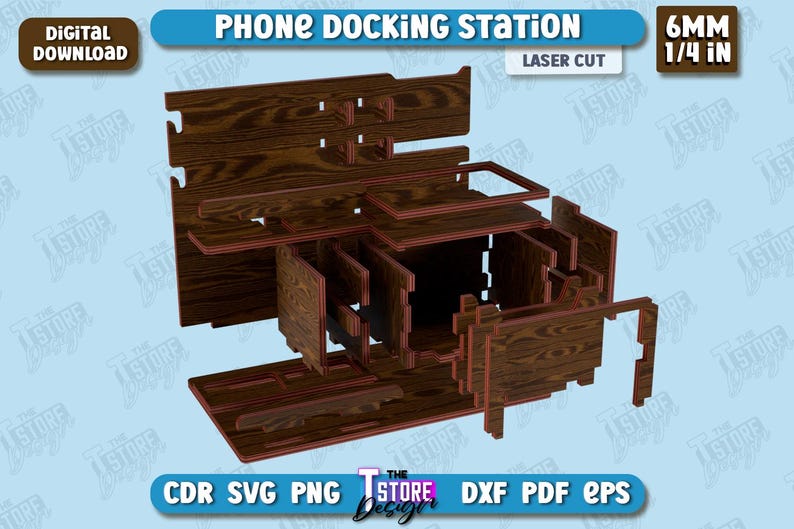 Op de afbeelding: Lasergesneden telefoon docking station gemaakt van hout met een bruine houtnerf afwerking. De station heeft meerdere compartimenten en planken voor het organiseren en opslaan van items. De station is 6 mm of 1/4 inch dik.