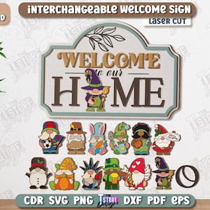 Pu&ograve; includere: Un cartello di benvenuto intercambiabile con la scritta "WELCOME to our HOME". Include vari ritagli a tema gnomi per l'esposizione stagionale o festiva. Il cartello &egrave; tagliato al laser e include un'opzione di download digitale.