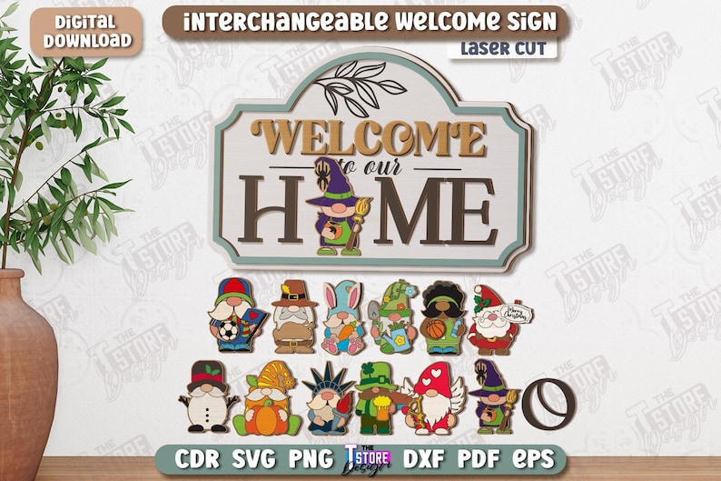 Pu&ograve; includere: Un cartello di benvenuto intercambiabile con la scritta "WELCOME to our HOME". Include vari ritagli a tema gnomi per l'esposizione stagionale o festiva. Il cartello &egrave; tagliato al laser e include un'opzione di download digitale.