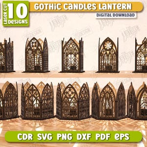 May include: A collection of ten laser-cut Gothic candle lanterns. Each lantern is brown and features intricate architectural designs. The text on the image reads "Gothic Candles Lantern" and "Digital Download". The lanterns are 3mm thick, or 1/8 inch.