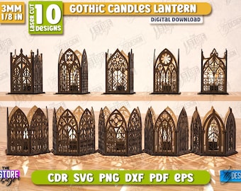 3d gothic tea light candle holders lasercut bundle, gothic style candle lantern, gothic window lantern lasercut, goth decor, happy halloween