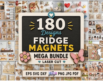 Pacote Mega com 180 Ímãs de Geladeira Cortados a Laser. Planejador de Parede em Acrílico SVG. Rastreador de Alimentação de Cães DXF. Porta-Retratos Magnético. Calendário Perpétuo a Laser.