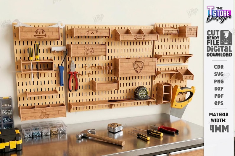May include: A wooden pegboard with various tool storage and organization features. Includes shelves, boxes, and tool holders. The pegboard has a light brown color and is designed for workshop or garage use. The image also includes tools like a hammer, screwdrivers, and a saw.