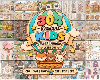 304 designs kids laser cut mega bundle: Coloring Game,  Ant Colony, Dino shadowbox,  Nursery name sign,  Pendulum clock,  Puppet
