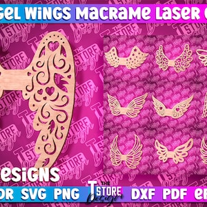 Könnte beinhalten: Zehn Designs von Engelsflügeln im Makramee-Stil, lasergeschnitten aus Holz. Die Designs beinhalten ein Paar Flügel mit Herzen und Spiralen, ein Paar Flügel mit Sternen und ein Paar Flügel mit einem einfachen Design. Der Text "10 DESIGNS" befindet sich am unteren Rand des Bildes, zusammen mit dem Text "CDR SVG PNG DXF PDF EPS".