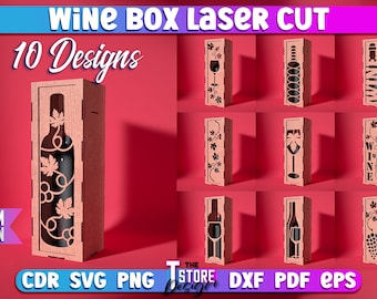 Paquete SVG de corte láser de caja de vino / Diseño SVG láser de vino / Archivos CNC