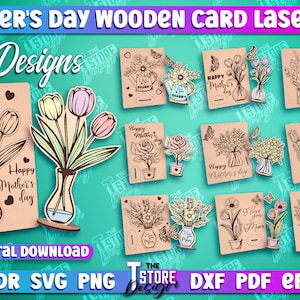 Tarjeta de madera para el Día de la Madre cortada con láser / Tarjetas emergentes de primavera en 3D / Tarjeta de felicitación para el Día de la Madre cortada con láser / Tarjeta de rompecabezas 3D personalizada / Archivos CNC
