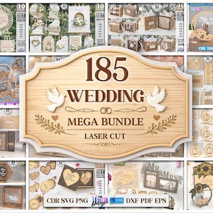 Puede incluir: Un letrero de madera con el texto "185 WEDDING MEGA BUNDLE LASER CUT" y dos palomas. La imagen muestra varias decoraciones de boda cortadas con láser, incluyendo letreros, cajas y marcos, en color marrón claro.