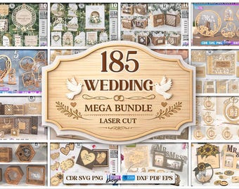 Mega paquete de 185 decoraciones de boda cortadas con láser, decoración de boda en capas 3D con láser, letrero floral de boda personalizado, SVG personalizado, caja para anillos, buzón