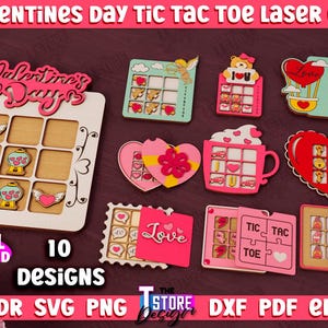 Valentijnsdag Tic Tac Toe lasergesneden bundel, boter-kaas-en-eieren SVG, Valentine Tic Tac Toe-bestanden, paar spel SVG, boter-kaas-en-eieren 3D-set, bordspel
