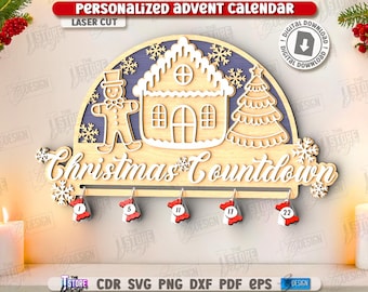 Calendario de cuenta regresiva personalizado de Navidad 3D cortado con láser, calendarios de adviento familiares, decoración de pared navideña, pueblo navideño cortado con láser, pan de jengibre