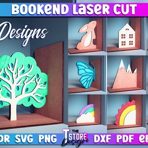 Bookend Lasercut Bundle | Book Nook SVG Design | 3D Book End Design | Lasercut Bookend Designs | Book Holder Layered Design | Wooden Stopper
