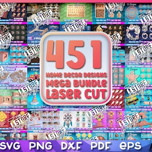 Peut inclure: Un collage de 451 motifs de décoration intérieure pour la découpe au laser. Les motifs sont organisés en catégories et comprennent une variété de styles, tels que floral, géométrique et fantaisiste. Le texte "Home Decor Designs Mega Bundle Laser Cut" est affiché en grandes lettres audacieuses.