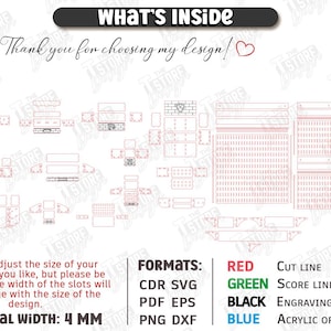 May include: Digital cut file design with various shapes and patterns, including text that reads "WHAT'S INSIDE" and "Thank you for choosing my design!" The design includes cut lines in red, score lines in green, engraving in black, and acrylic or glass in blue. Material width is 4 mm.