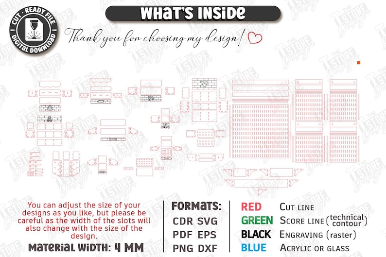 May include: Digital cut file design with various shapes and patterns, including text that reads "WHAT'S INSIDE" and "Thank you for choosing my design!" The design includes cut lines in red, score lines in green, engraving in black, and acrylic or glass in blue. Material width is 4 mm.