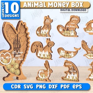 Animal Money Box Laser Cut Bundle, 3D Cute Animal Piggy Bank SVG, Money Holders, Cash Box, Gift for Kids, Wooden Animal Kids Piggy Bank SVG