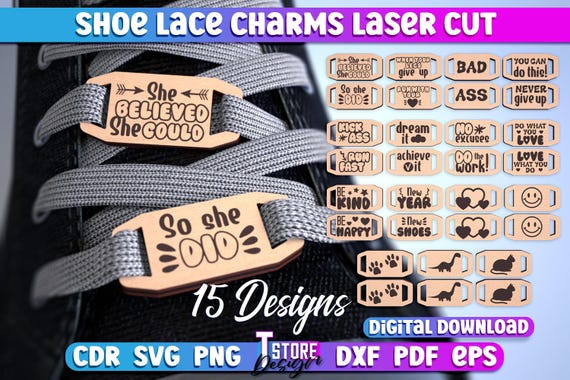 Shoe Lace Charms laser cut bundle, Custom Shoelaces Tags, Personalized Shoe Lace Charms, Wooden Lace Charm Set, Boot Charm, Skate Charm