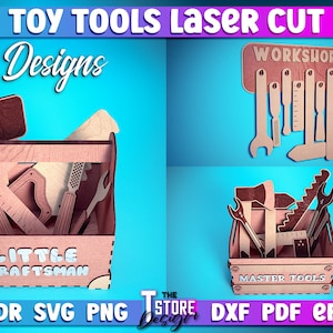 Puede incluir: Tres diseños de caja de herramientas de juguete cortados con láser. Los diseños incluyen una caja de herramientas con las palabras "Little Craftsman" en la parte delantera, una caja de herramientas con las palabras "Master Tools" en la parte delantera y un letrero de taller con la palabra "Workshop" en él.