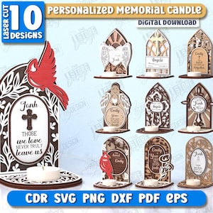 May include: Ten digital download designs for personalized memorial candle holders. The designs feature a variety of styles, including angels, crosses, and cardinals. The candle holders are made for 3 mm (1/8 inch) thick wood.