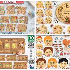 May include: A selection of wooden children's puzzles featuring maps, animals, and educational themes. The puzzles are laser cut and include the text "Kids Puzzle" and "10 Designs". The image also shows the file formats available.