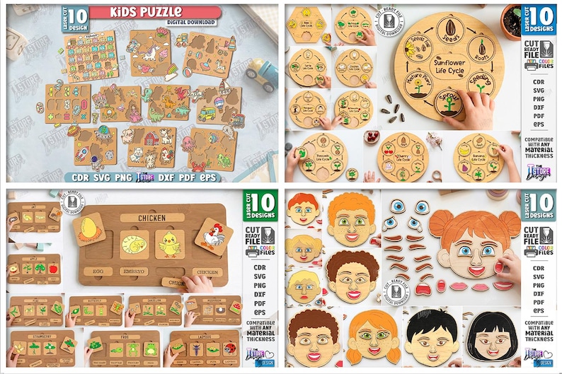 May include: A selection of wooden children's puzzles featuring maps, animals, and educational themes. The puzzles are laser cut and include the text "Kids Puzzle" and "10 Designs". The image also shows the file formats available.