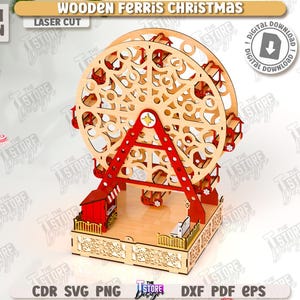 Puede incluir: Decoración navideña de rueda de la fortuna de madera, cortada con láser. La rueda de la fortuna tiene 3 mm de grosor y presenta una combinación de colores rojo y madera natural. El texto "Wooden Ferris Christmas" es visible.