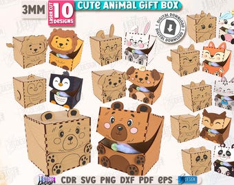 Paquete de cajas de regalo con animales lindos en 3D cortadas con láser, cajas de regalo con animales para niños en 3D, caja de almacenamiento para niños SVG, caja de juguetes, caja decorativa, caja con tapa SVG