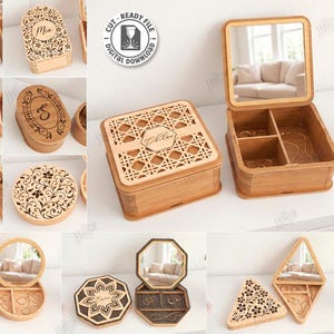 May include: A collection of wooden jewelry boxes and decorative items. The boxes feature laser-cut designs, mirrors, and personalized engravings. The image includes various shapes, such as square, oval, and round, with intricate patterns and the text "Mia", "Victoria", "Isabella", and "Evelyn".