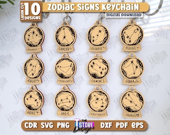 May include: Laser-cut wooden keychains featuring zodiac signs and constellations. Each keychain is labelled with a sign name. The image includes the text "Zodiac Signs Keychain" and "Digital Download". There are 10 designs.
