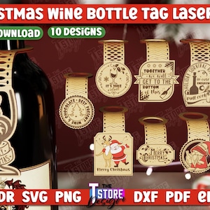 クリスマス ワイン ボトル タグ レーザー デザイン、ワイン ボトル デコレーション、レーザー ギフト デザイン SVG、クリスマス レーザー ファイル、Glowforge 用クリスマス ワイン