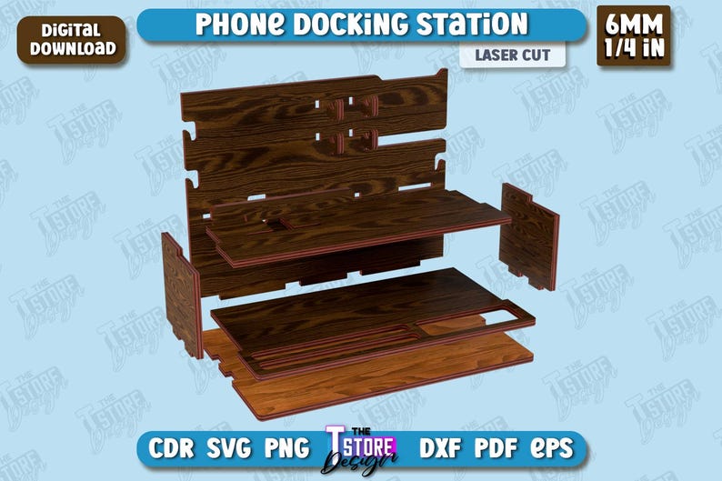 Op de afbeelding: Een gedemonteerde telefoon docking station gemaakt van hout. De station is gemaakt van zes stukken, elk met een houtnerfpatroon. De stukken zijn gelabeld met de tekst "6MM 1/4 IN" en "LASER CUT".