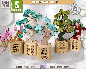Paquete de bonsái 3D cortado con láser, decoración vegetal cortada con láser, árbol multicapa cortado con láser, estante para colocar en SVG, árbol de Sakura SVG, mini árbol modelo 3D