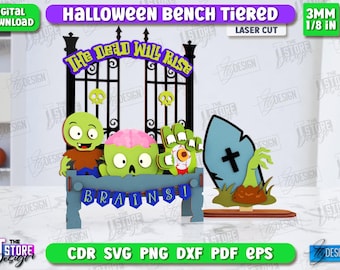 Halloween bench tiered tray laser cut, scary home decor, Halloween interchangeable sign, haunted house svg, Happy Halloween stand laser cut