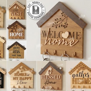 3d wooden home signs laser cut bundle, wooden key holder svg, welcome signs svg, family door sign, keychain rack with hooks, keyring hanger