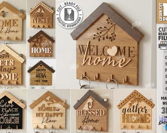 Paquete de letreros de madera 3D cortados con láser para el hogar, llavero de madera SVG, letreros de bienvenida SVG, letrero para puerta familiar, llavero con ganchos, colgador de llaveros
