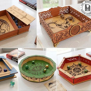 May include: Five laser-cut wooden dice trays and boxes are shown. Designs include a dragon, a skull, a pentagram, and a sun. The trays are various shapes and sizes, with engraved details and a material width of 3mm.