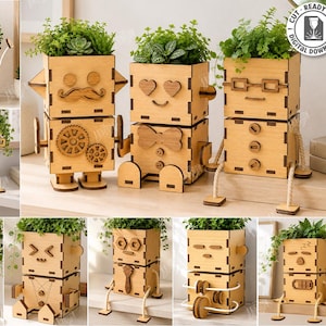 Robot Planter Box Laser Cut File - Wooden Character Plant Pot - Cute Desk Planter - Succulent Holder Decor - Fun Plant Container svg