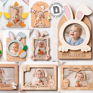 May include: A selection of laser-cut wooden photo frames with an Easter theme. Designs include egg, bunny, and rectangular shapes, with the phrases "Happy Easter" and "My First Easter". Each frame holds a baby photo.