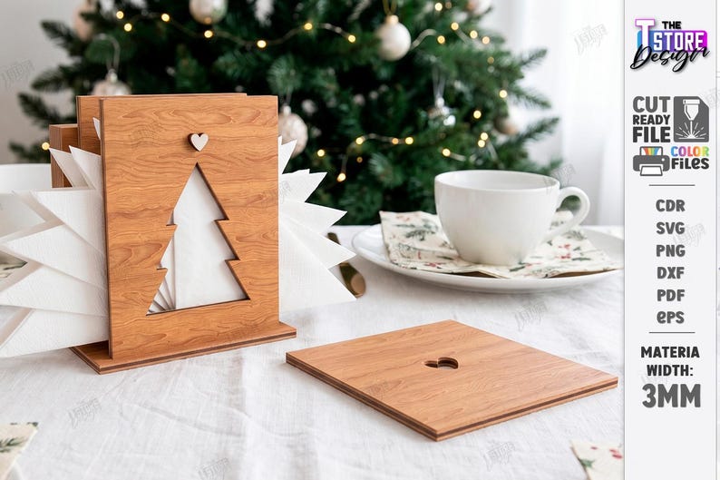 May include: A light brown wooden napkin holder featuring a cutout Christmas tree shape and a small heart detail, accompanied by a matching flat wooden square with a heart cutout. The material width is clearly labeled as 3MM on the side.