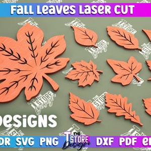 May include: Ten digital designs of fall leaves for laser cutting. The designs include a variety of leaf shapes and sizes, all in a warm orange color. The text "FALL Leaves LASER CUT" and "10 DESIGNS" are at the top of the image. The text "CDR SVG PNG DXF PDF EPS" is at the bottom of the image.