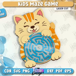 May include: A laser-cut wooden kids' maze game featuring a smiling cartoon cat holding a blue maze. The cat is orange and cream-colored with striped details. The words "Kids Maze Game" and "Digital Download" are visible.