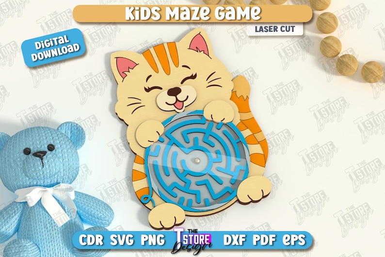 May include: A laser-cut wooden kids' maze game featuring a smiling cartoon cat holding a blue maze. The cat is orange and cream-colored with striped details. The words "Kids Maze Game" and "Digital Download" are visible.