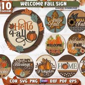 May include: A selection of ten laser-cut autumn-themed designs. The designs feature round signs with pumpkins, leaves, and the phrases "Hello Fall", "Welcome", and "Autumn Blessings". The colour scheme includes brown, orange, and green.