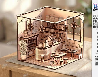 3d Roombox Coffee Shop Laser Design, Wooden Miniature Bakery, Miniature Coffee Shop, DIY Miniature Coffee & Bakery Shop Kit, Booknook model