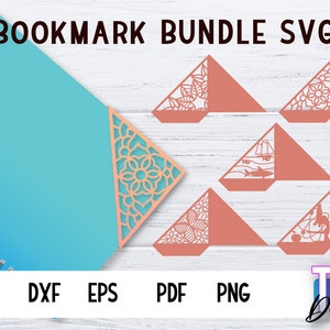 May include: A bundle of five digital SVG files for creating bookmarks. The bookmarks feature various designs, including a floral pattern, a sailboat, and a palm tree. The files are available in SVG, DXF, EPS, PDF, and PNG formats.