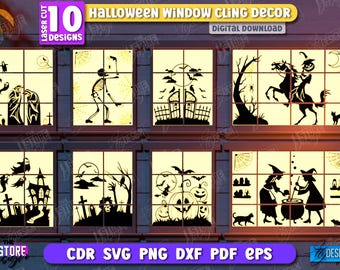 Paquete de decoración de Halloween 3D cortada con láser para ventana, calcomanía de Halloween para ventana, SVG de Feliz Halloween, escena de Halloween cortada con láser, arte de ventana espeluznante