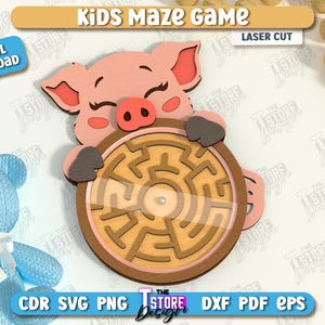 May include: A laser-cut wooden kids' maze game featuring a smiling pink pig holding a circular maze. The game has a light brown frame and a light brown maze design. The text "Kids Maze Game" is at the top.
