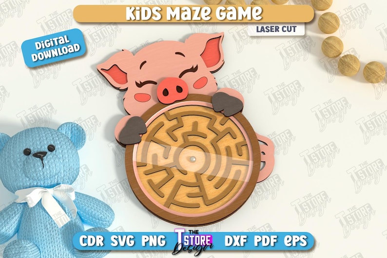 May include: A laser-cut wooden kids' maze game featuring a smiling pink pig holding a circular maze. The game has a light brown frame and a light brown maze design. The text "Kids Maze Game" is at the top.