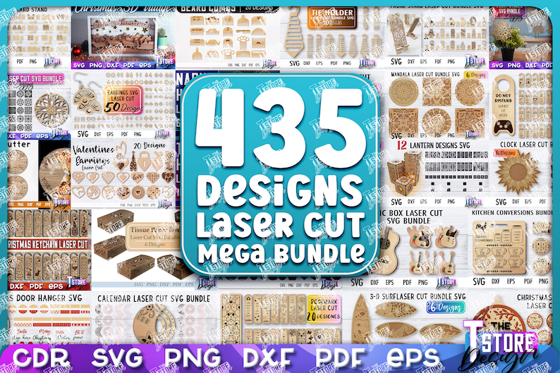 May include: A collage of images showcasing 435 laser cut designs for crafting projects. The designs include a variety of themes, such as Christmas, Valentine's Day, and kitchen items. The image also includes the text "435 Designs Laser Cut Mega Bundle".